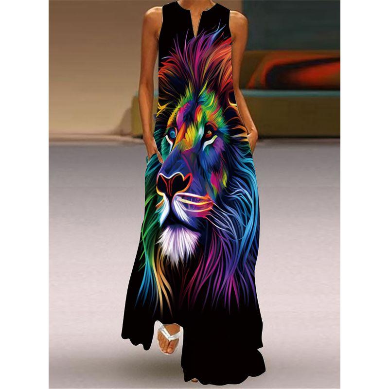 Fashion Style 3D Print Dress Animal Pattern Stage Show Stylish Clothing V Neck Sleeveless Pocket Maxi Dress