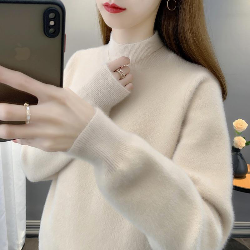 Autumn Winter Half High Collar Solid Color Simple Sweater Women Loose Casual All-match Pullover Knitting Top