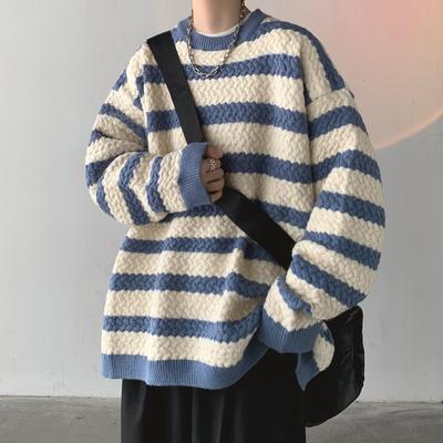 Pull rayé à col rond pour homme Automne-hiver Jour de farniente Manteau ample Tendance Hiver Tricot épais