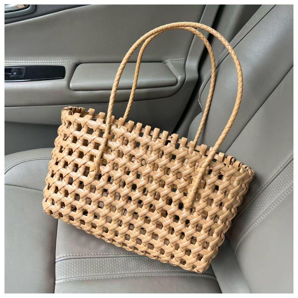 Hand-Woven PVC Shoulder Bag: French-Style Basket for Beach or Market