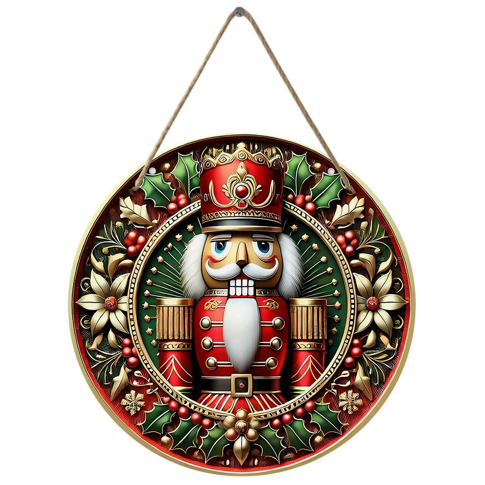 Vintage Soldier Nutcracker Print Round Wooden Hanging Plaque Festive Floral Pattern Wall Sign Christmas Tree Door Home Holiday Decoration