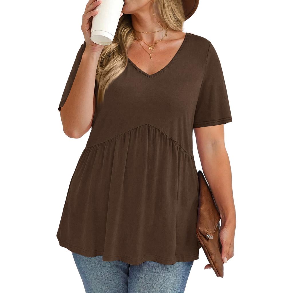 Women's Plus Size Fashionable Casual Loose-Fit V-Neck Short-Sleeve Top