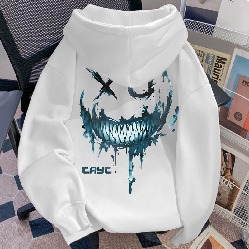 Men's hooded sweatshirt autumn and winter versatile loose clown print plus velvet thickened top street fashion sweatshirt