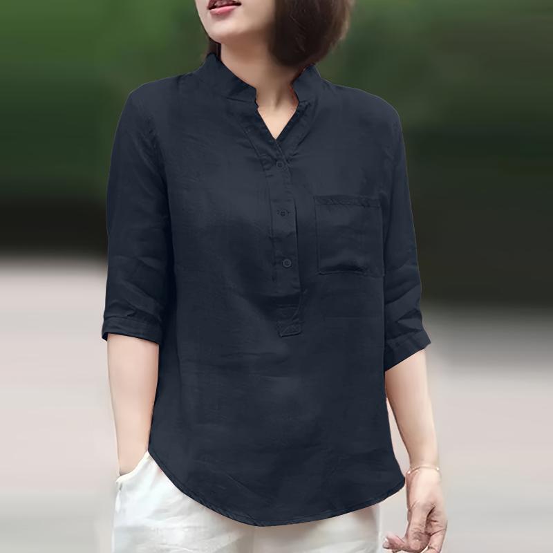 

ZANZEA Женская повседневная однотонная свободная блузка с V-образным вырезом и рукавом 3/4 5XL тёмно-синий