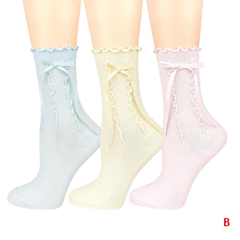 Womens Crew Ruffle Socks Cute Frilly Casual Socks Ribbon Bow Knit Cotton Lettuce Adorable Socks 3 Pack