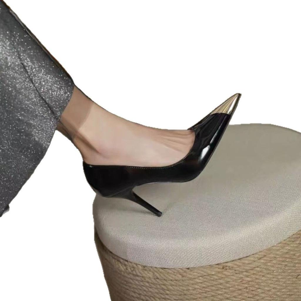 Large size 2025 black patent leather sexy spring new pointed women's metal head high heels temperament stiletto shoes
