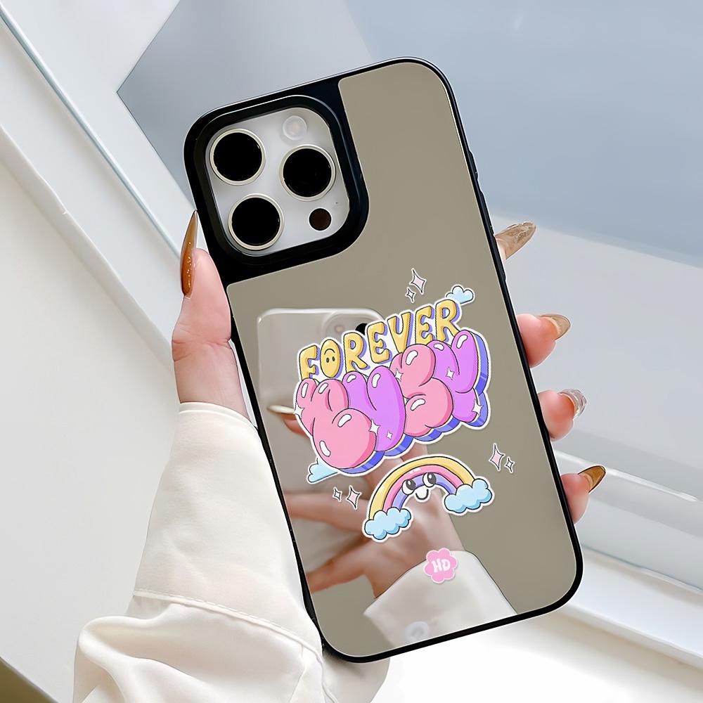 

Зеркальный чехол для телефона для iPhone 15 11 13 14 для 15 16 Pro Max 12 13 16 Pro Чехол для телефона в милом стиле с облаками, цветами и животными iPhone 16 чёрный