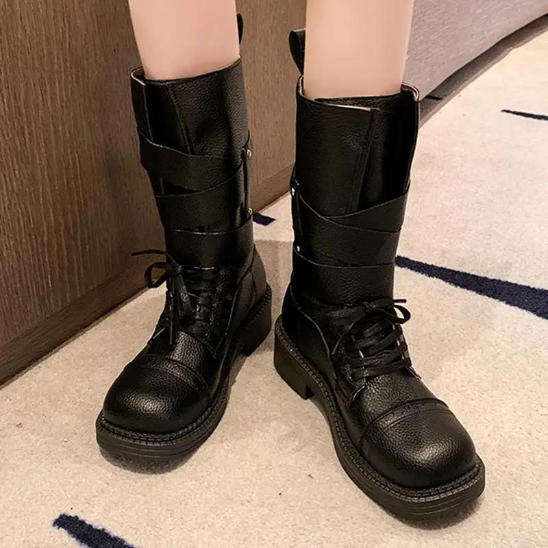 Fashion Brand Designe Metal Belt Buckle Mid Calf Boots Women 2025 Punk Medium Heel Western Cowboy Boots Fashion Winter Shoes Women