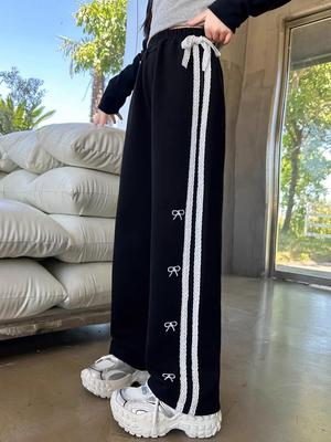 Girls' Spring & Autumn Straight-Leg Bow Sweatpants - New Style 2025, Floor-Length Trousers for Middle School Kids