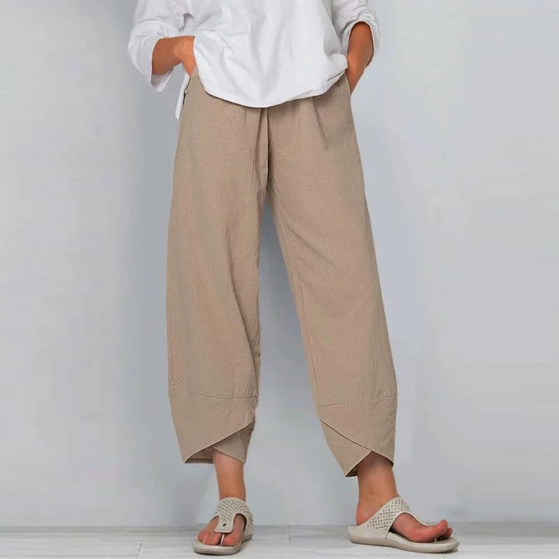 Women's Solid Color Loose Casual Cotton and Linen Elastic Waist Pants Cropped Pants Wide-leg Pants