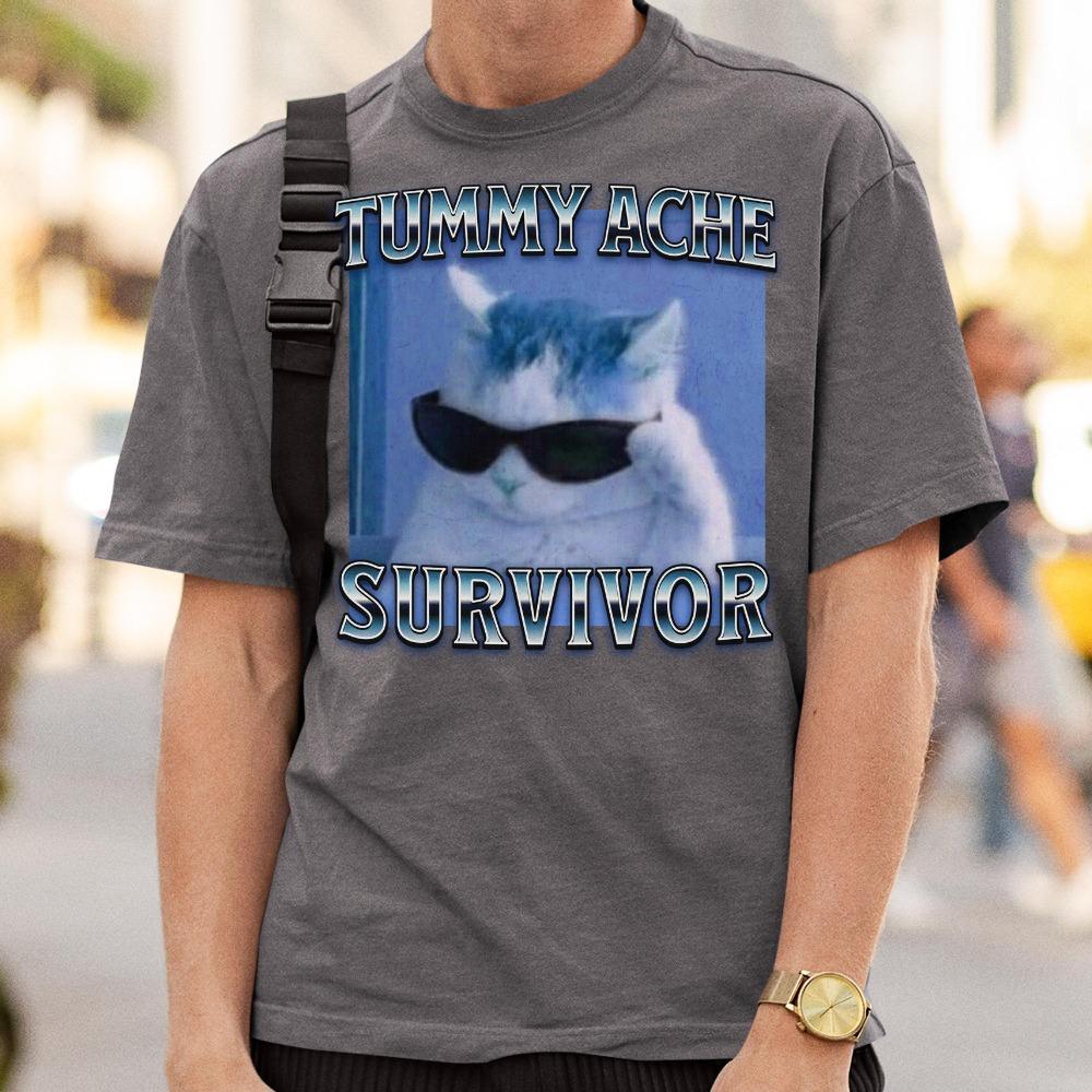 Přeživší bolestí břicha Vtipné kočičí meme Tričko Dárek pro ženu Hloupost Ahh Kočky Tričko Trendy letní oblečení Ironické tričko
