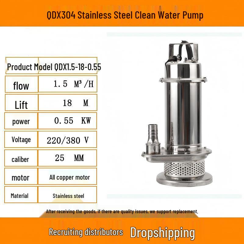QDX304 Stainless Steel Submersible Water Pump, 220V/380V, High Head with Float Switch for Clean Water