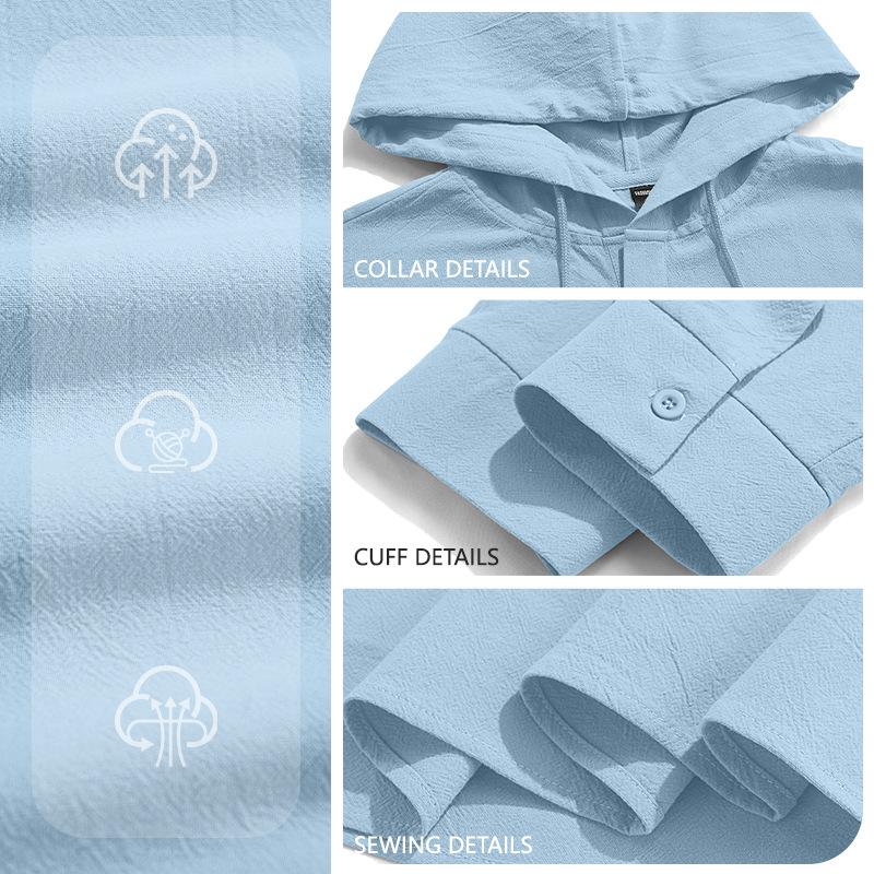 Men's Cotton Linen Hooded Long Sleeve Shirt Lightweight Quick Dry Loose Casual Solid Color Top