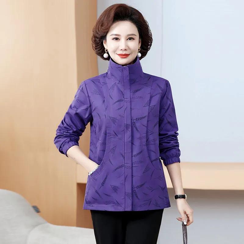 

Women Spring and Autumn Lined Jacket Middle-aged Mom s Lapel Plus Size Print Loose Casual Short Thin Jacket 5XL фиолетовый