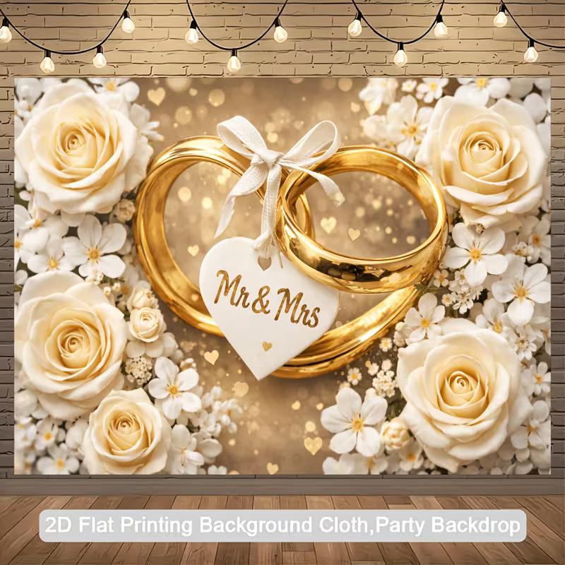 Luxe Champagne Wedding Backdrop, Gold Rings & Bokeh Lights Photo Banner for Events 47.2x31.5inch/120*80cm