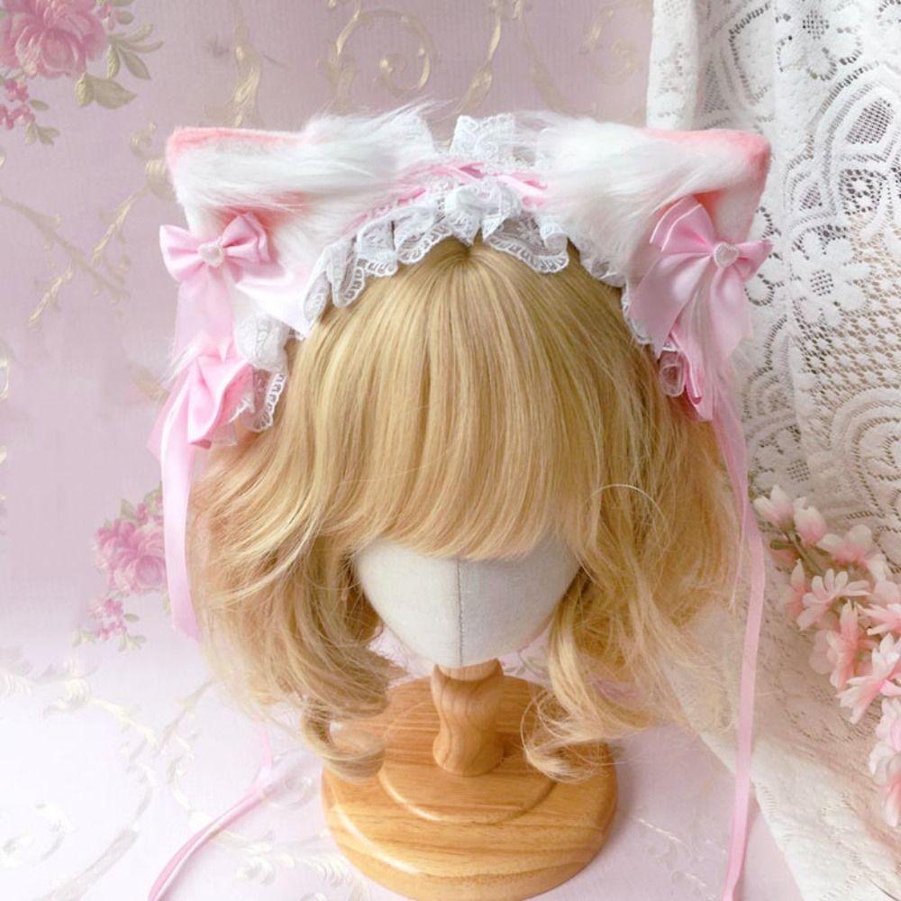 Creative Cat Ears Lolita Lace Headband Jk Kawaii Barrettes Hair Accessories Ribbon Bow Ruffled Headband Girls розовый