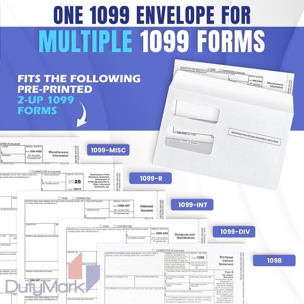 1099 MISC Tax Envelopes, Double-Window Security Envelope for 1099 Income Misc And 1099-R & DIV - INT, 1095 C Tax Form,5 5/8 Inch X 9 Inch, Gummed