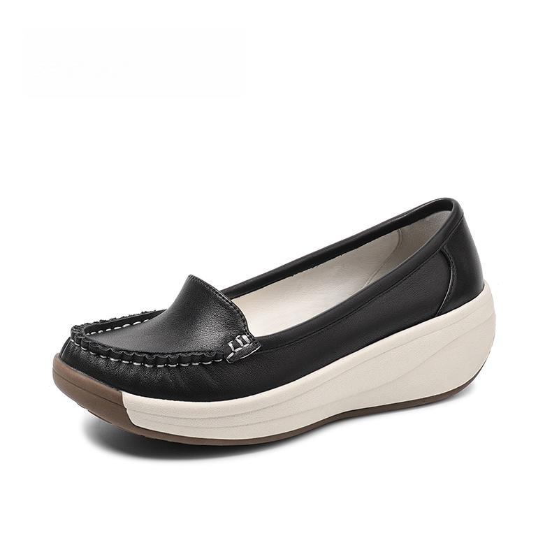 Primavera e outono de 2025 novo salto plataforma sola grossa sola macia sapatos de mãe muffin casuais sapatos brancos pequenos bico baixo sapatos de um só tom mocassins femininos