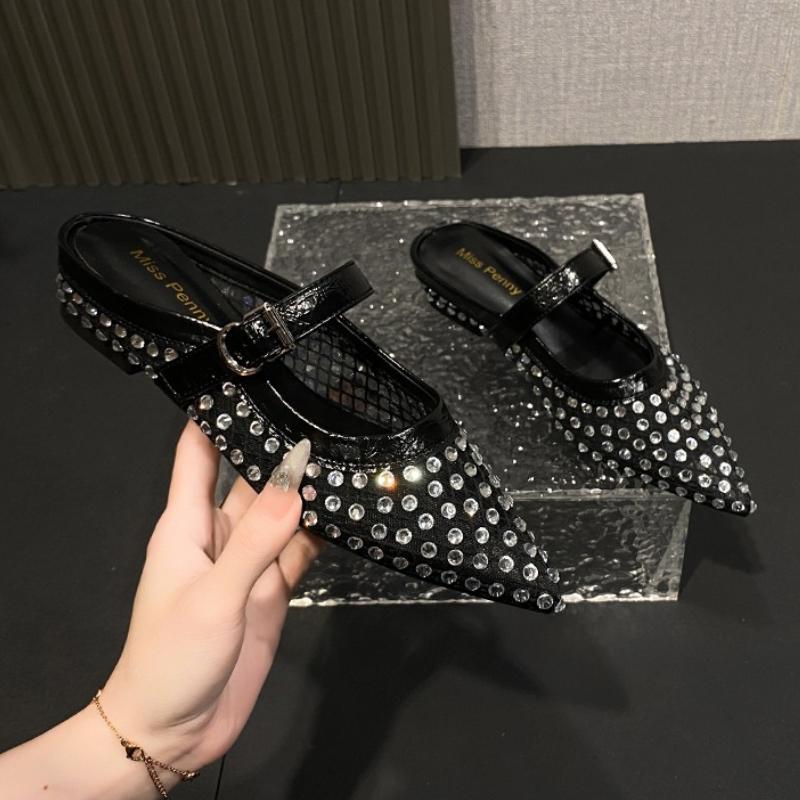Fashion Crystal Women Mules Shoes Luxury Flats Slippers Mesh Casual Sandals Trend New Brand 2025 Summer Woman Slingback Sneakers Mujer