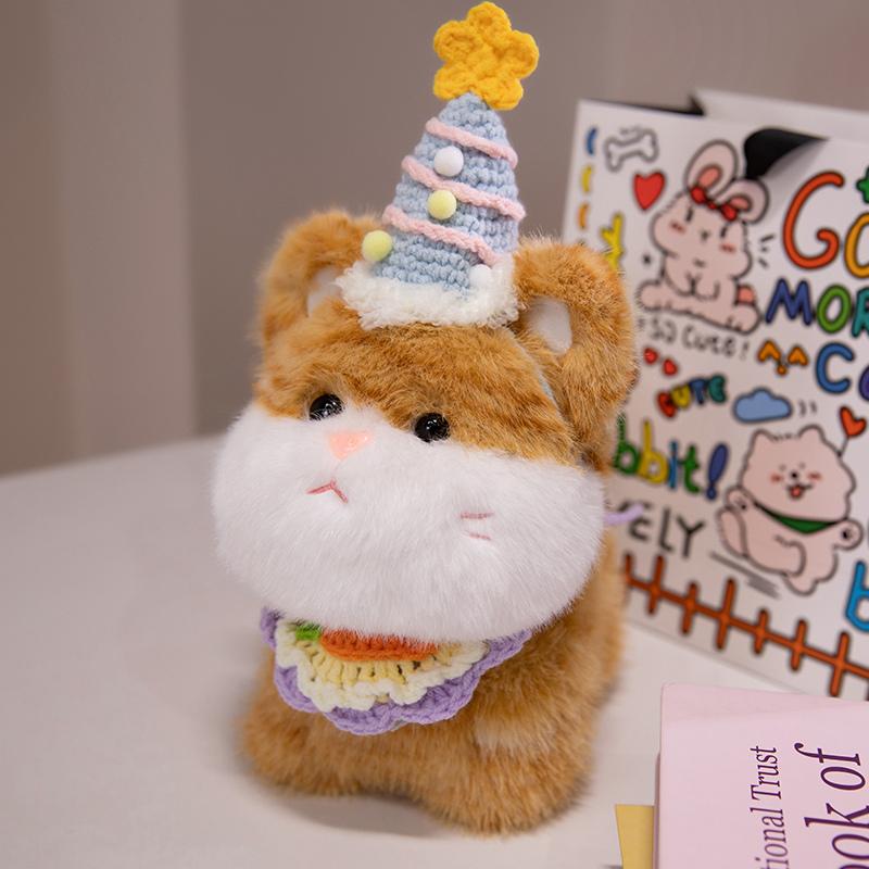 Cute Big Face Cat With Birthday Hat Fruit Cake Snack Bib Decor Kawaii Grey Orange Cats Kittens Plushie For Kids Birthday Gift