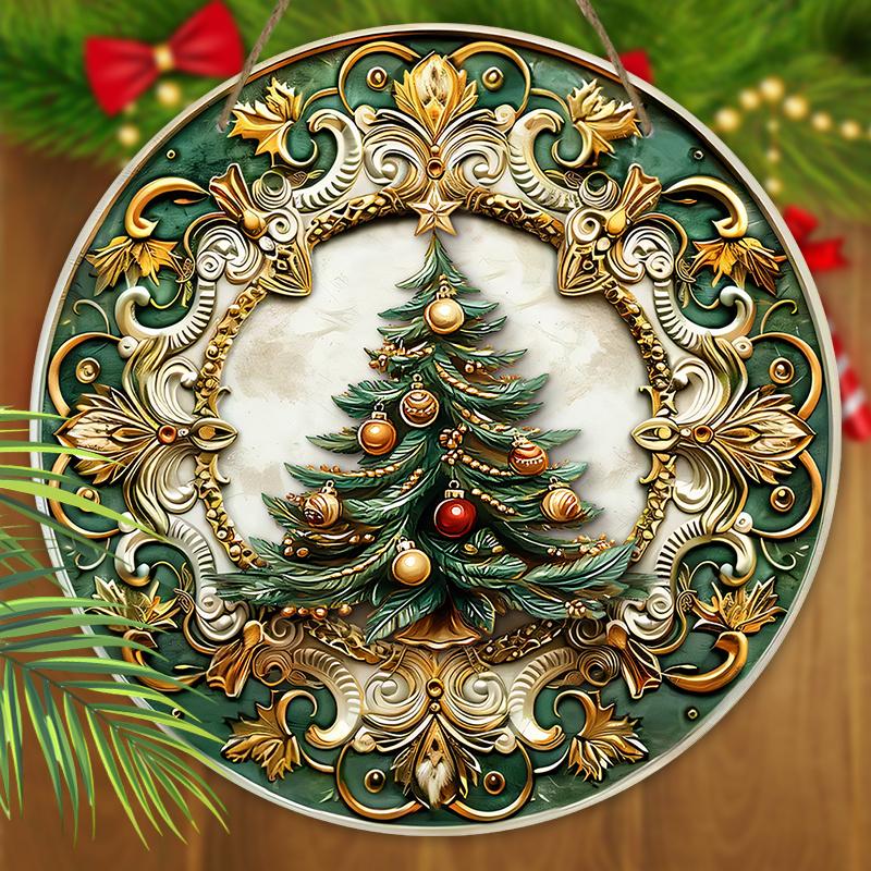 Wooden Christmas Sign with Christmas Tree Pattern - Navidad Round Sign for Front Door Wall Hanging Decor - Ideal Christmas Decoration
