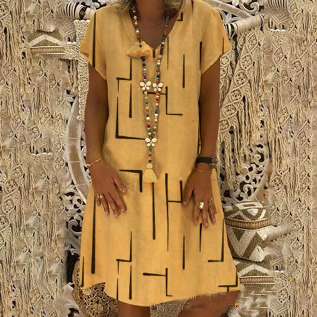 Folded Line Printing Loose Pullover Princess Dress V-neck Ladies Dress