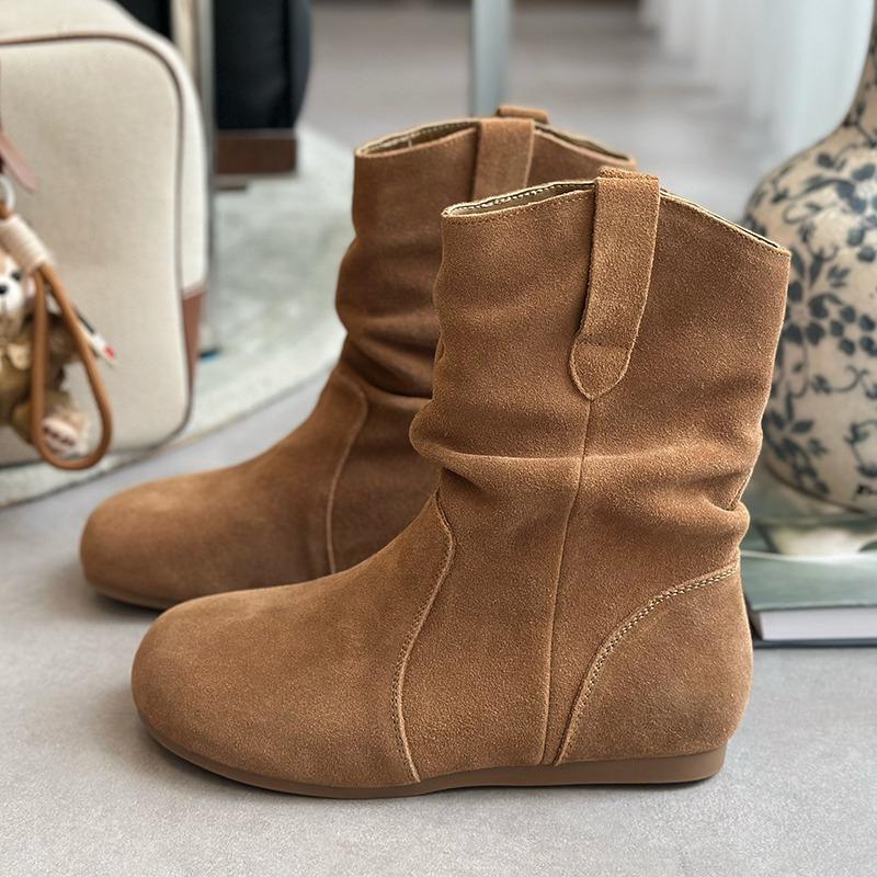 Women's fashionable short boots model suede casual boots, one-piece flat bottom nude boots, retro soft-soled women's boots