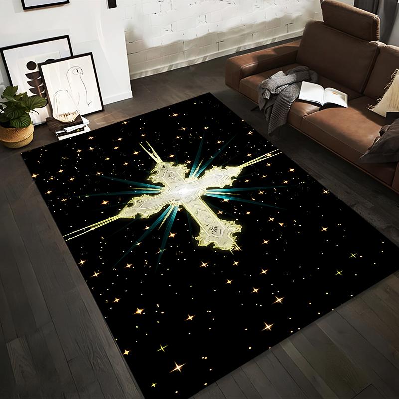 Shiny Cross with Starry Background Rug Non-slip rug suitable for living room and bedroom sofas.