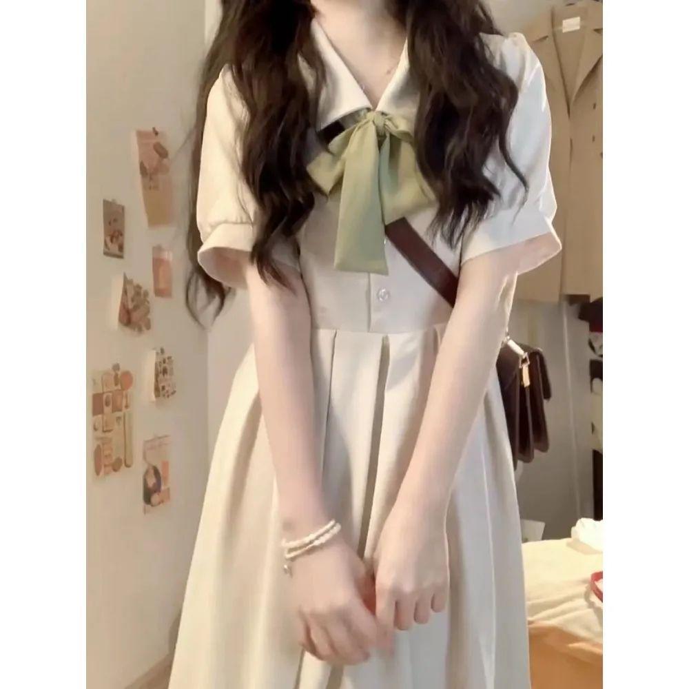 Summer College Style Lace-up Bow Dress for Women - Sweet Waist-Cinching Mid-Length A-Line Skirt