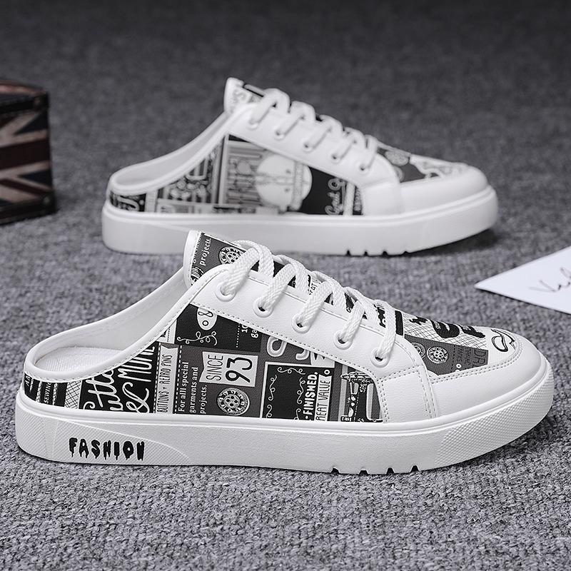 Closed Toe Sandals Half Shoes For Men Mules Canvas Flat Board Shoes Backless Loafers Slippers Man Slides Semi-Drag Casual Shoes