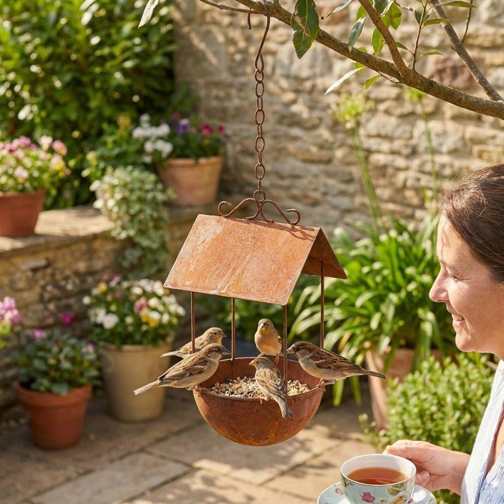 Rusty Iron Automatic Feeding Station Vintage Bird Food Container  Outdoor Garden