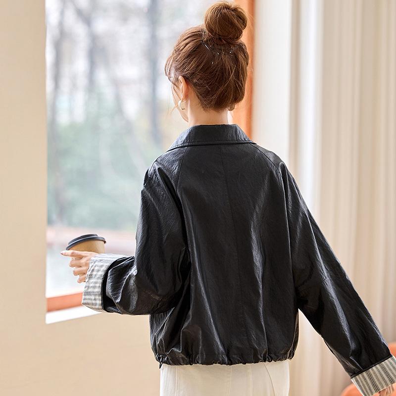 Women's Retro High-End Black Leather Jacket with Spliced Cuffs - Spring 2025 Collection (YB8859)