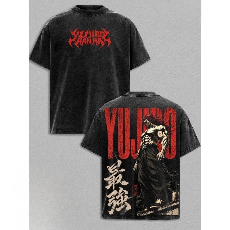Yuujirou Hanma Baki Graphic T Shirt Men Short Sleeve Cotton Tshirts Vintage Washed Tee Harajuku Male Oversized Street T-shirt