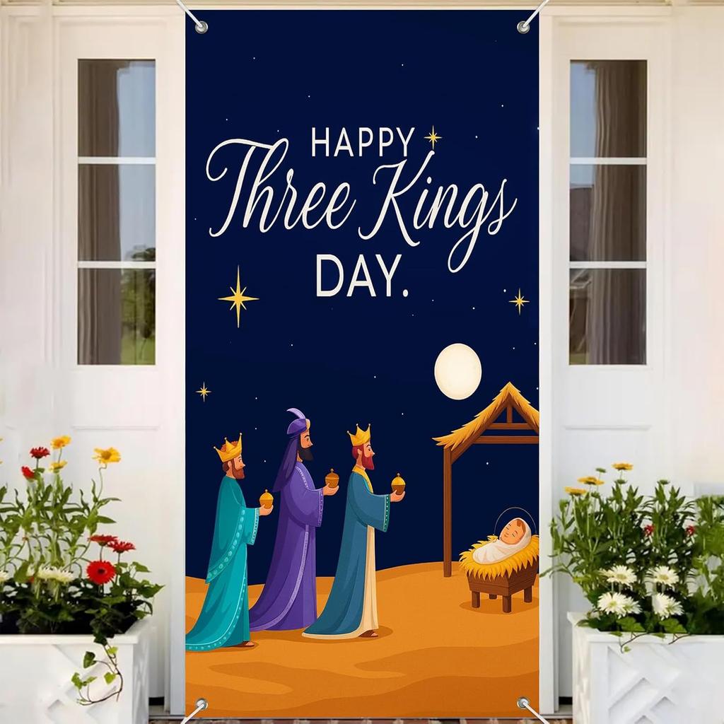 Feliz Dia De Reyes Door Cover 35x71 Inch Three Kings Day Porch Banner Epiphany Decorations Wise Men Celebration Backdrop for Home Office For Girls or