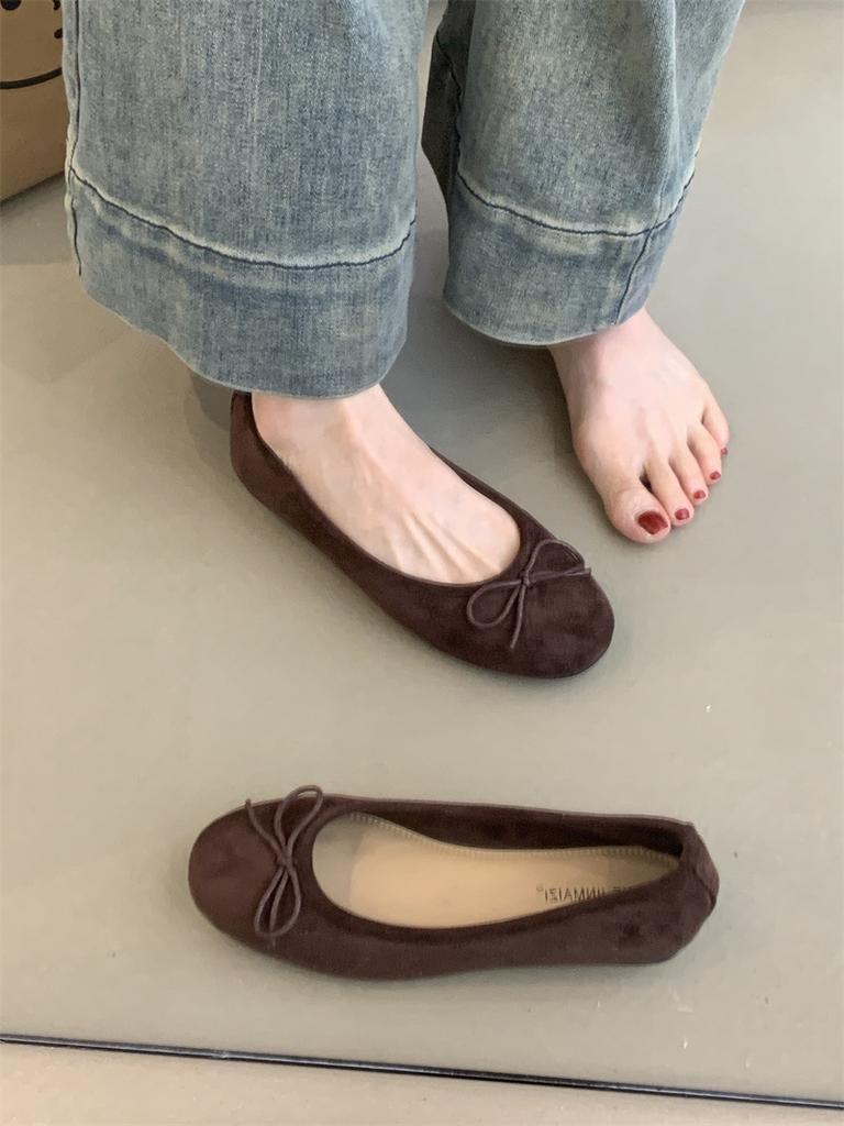 Gentle Fairy Ballet Single Shoes 2025 French Retro Elegant Suede Bow Round Head Light Mouth Soft Sole Evening Shoes