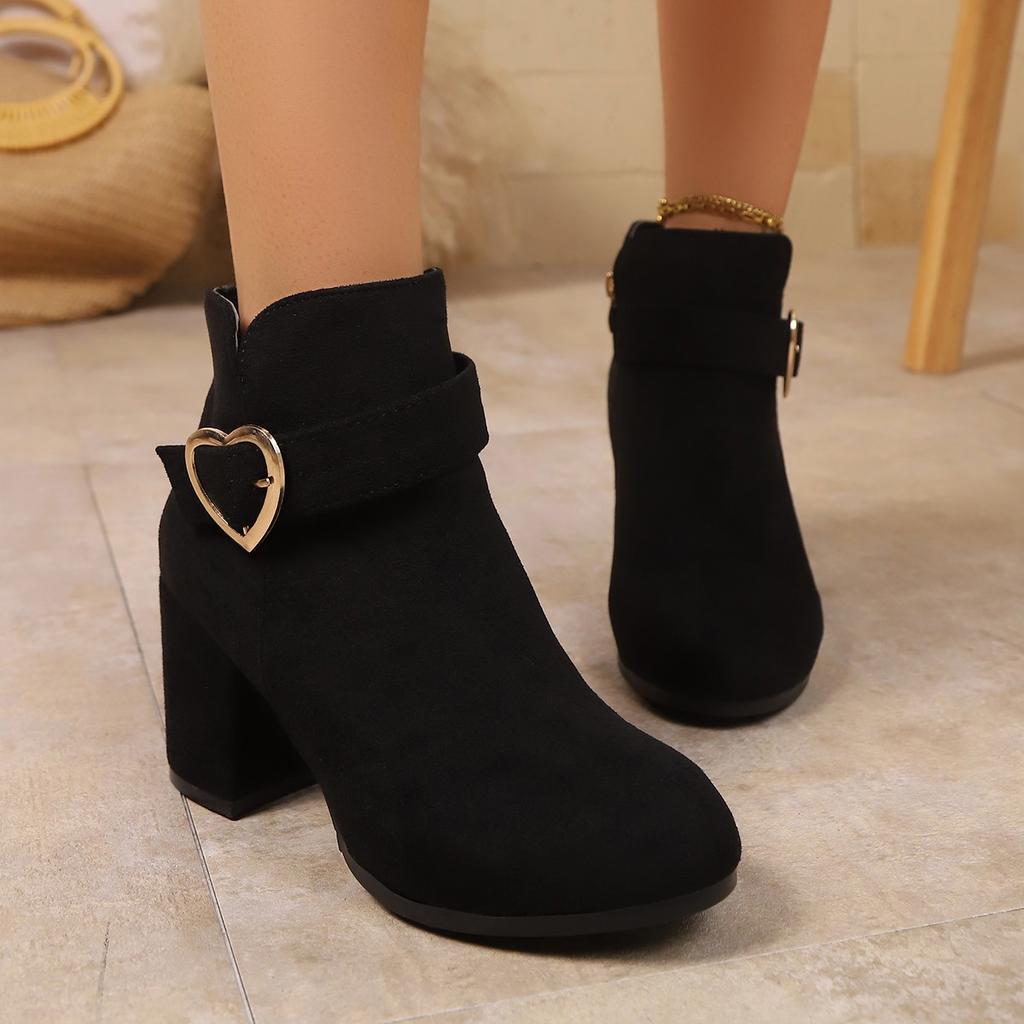 Fashion Women's Chunky Heeled Ankle Boots, Solid Color Side Zipper High Heels, Stylish Short Boots
