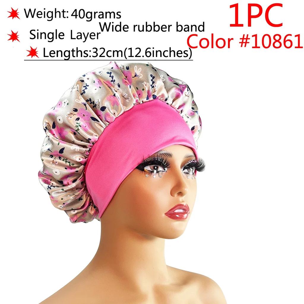 1 Stück Damen Satin Bonnet Elastisches breites Band Nachtschlafmütze Haarausfall-Abdeckung Kopfwickel Lockiges Federndes Haar Schönheit Chemo Cap Pflege