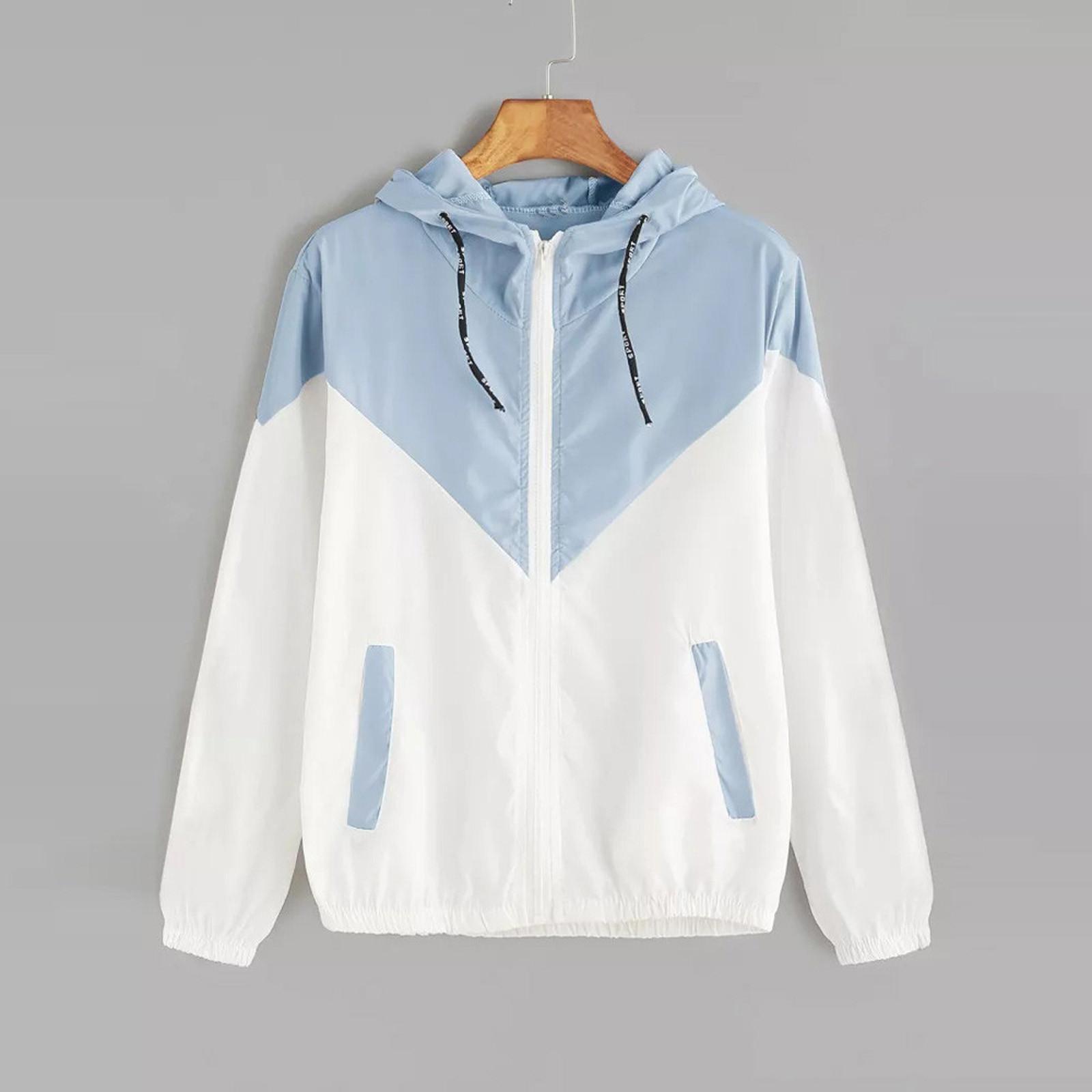 

Женские лоскутные тонкие кожаные костюмы с длинными рукавами и карманами на молнии с капюшоном, верхнее пальто L светло-синий