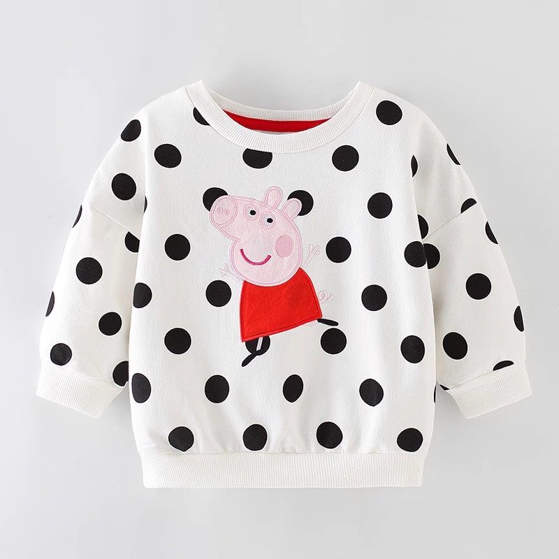 Cartoon Polka Dot Pig Girl Long-Sleeve Pullover Sweatshirt Baby Pure Cotton Autumn Clothing Small Children's Base Shirt White Top Trendy
