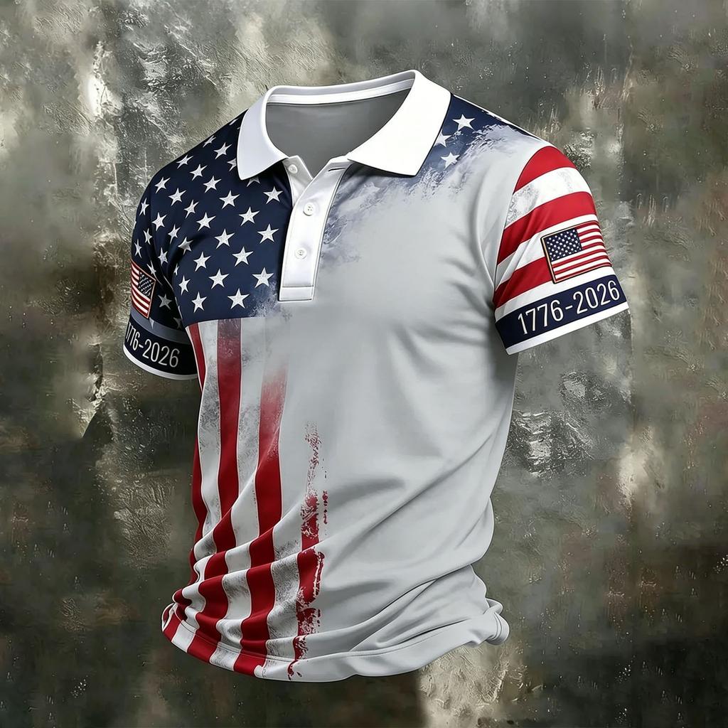 Men's Casual Quick Dry Mesh Golf Polo Shirt Short Sleeve Lightweight Breathable Button Down Top 1776-2026 Flag Print