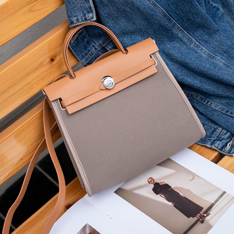 new canvas linen cowhide versatile retro platinum bag shoulder crossbody portable women's bag tote bag