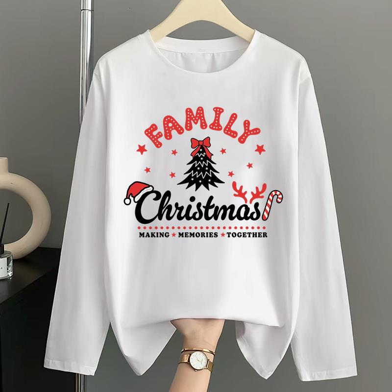 (Asian Size) Women Autumn Winter Letter Sweet 90s Print T Shirt Christmas Holiday Graphic Tee Casual Fashion Top Clothing Long Sleeve T-shirts