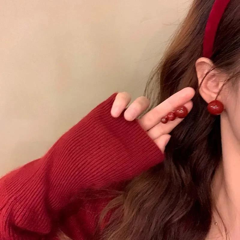 Korean Red Pearl Stud Round Earrings for Women Vintage Sweet Imitation Pearl Temperament Earings Wedding Party Jewelry Gifts