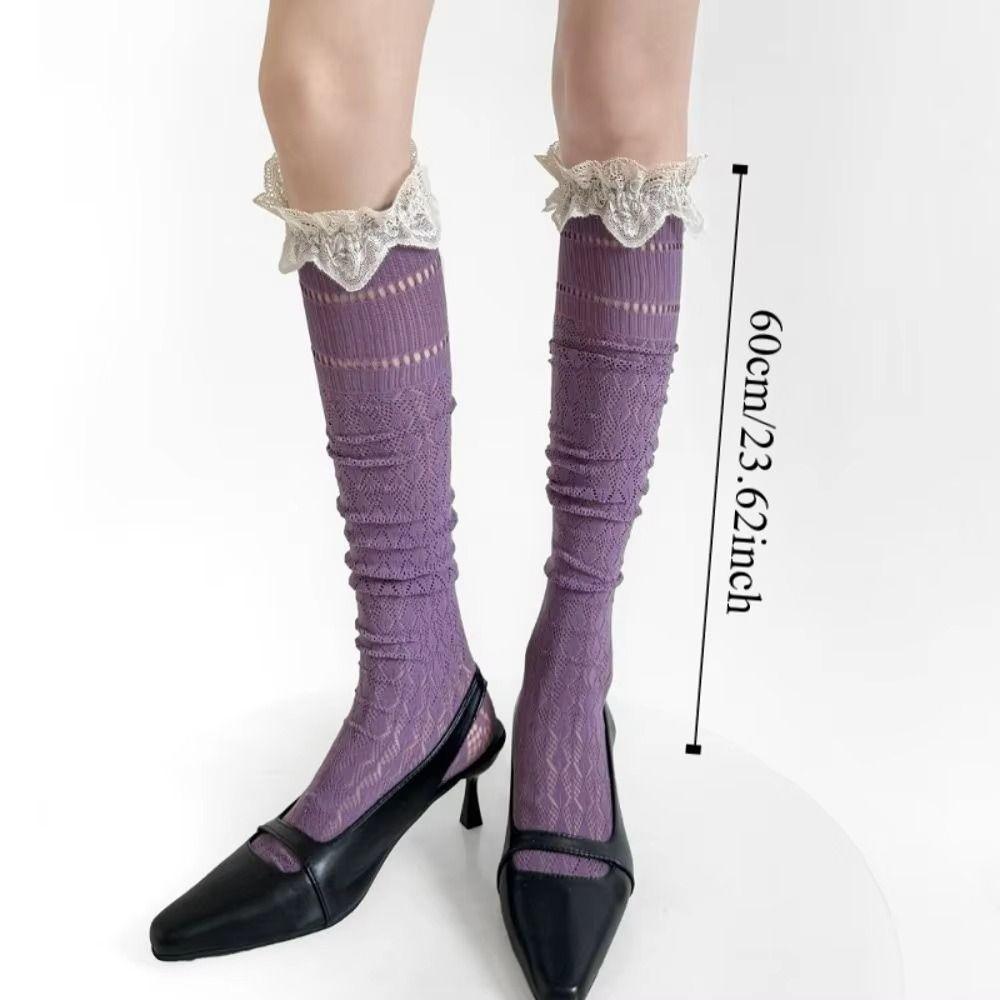 Kawaii Lace Trim Knee-high Socks Breathable Hollow Out Calf Socks Odor-resistant Soft Boot Socks Fall Winter