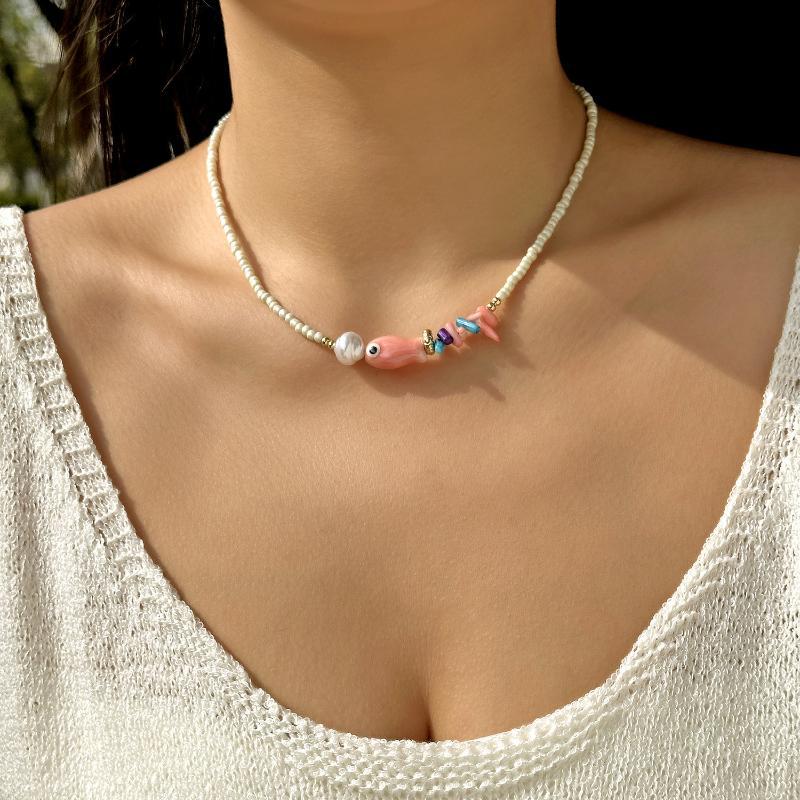 Bohemian Style Cute Ceramic Fish Pendant Rice Bead Necklace For Women Colorful Seaside Vacation Jewelry Accessories