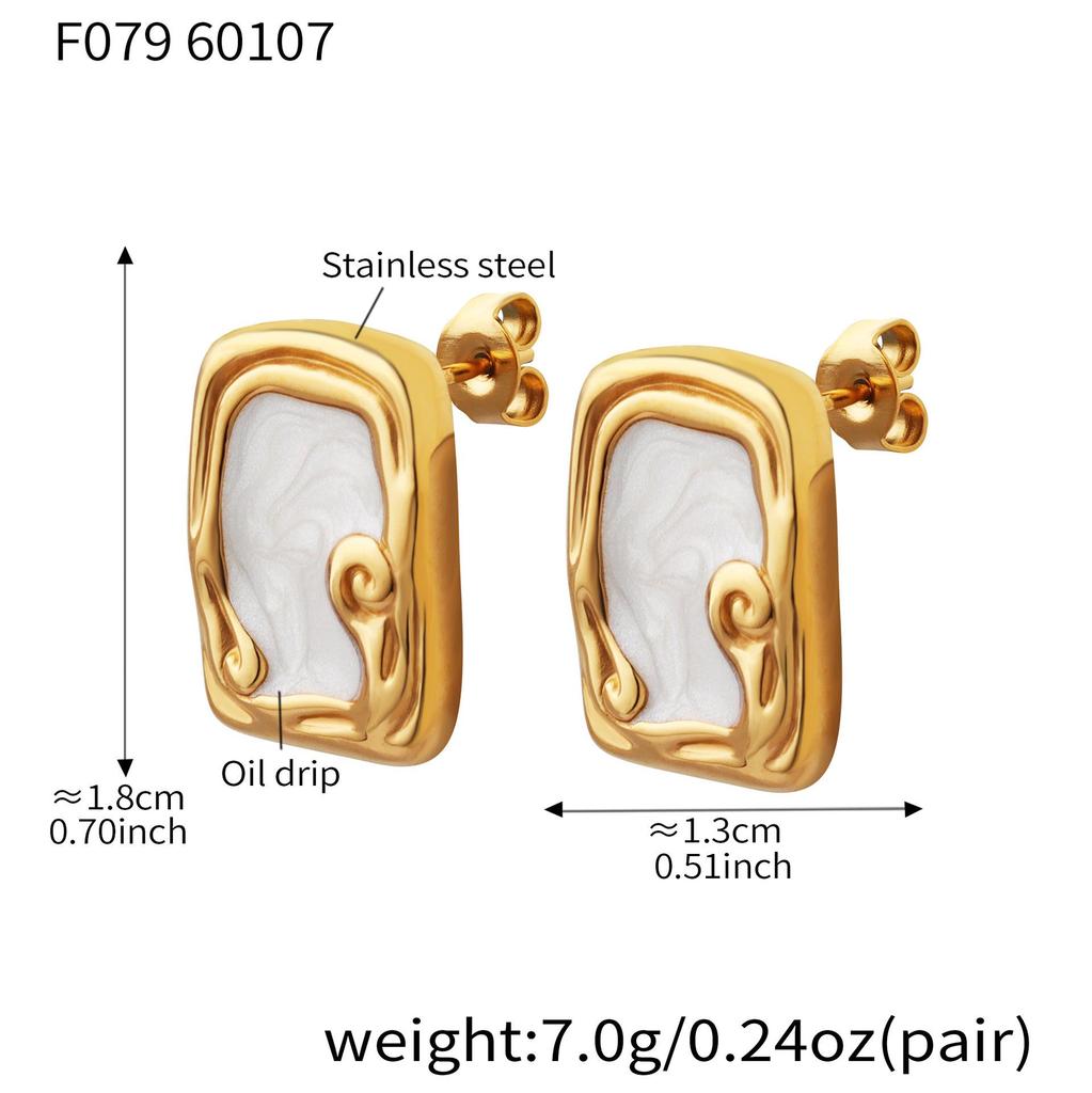 Elegant Retro Geometric Square White Oil Drop Stainless Steel Earrings for Women