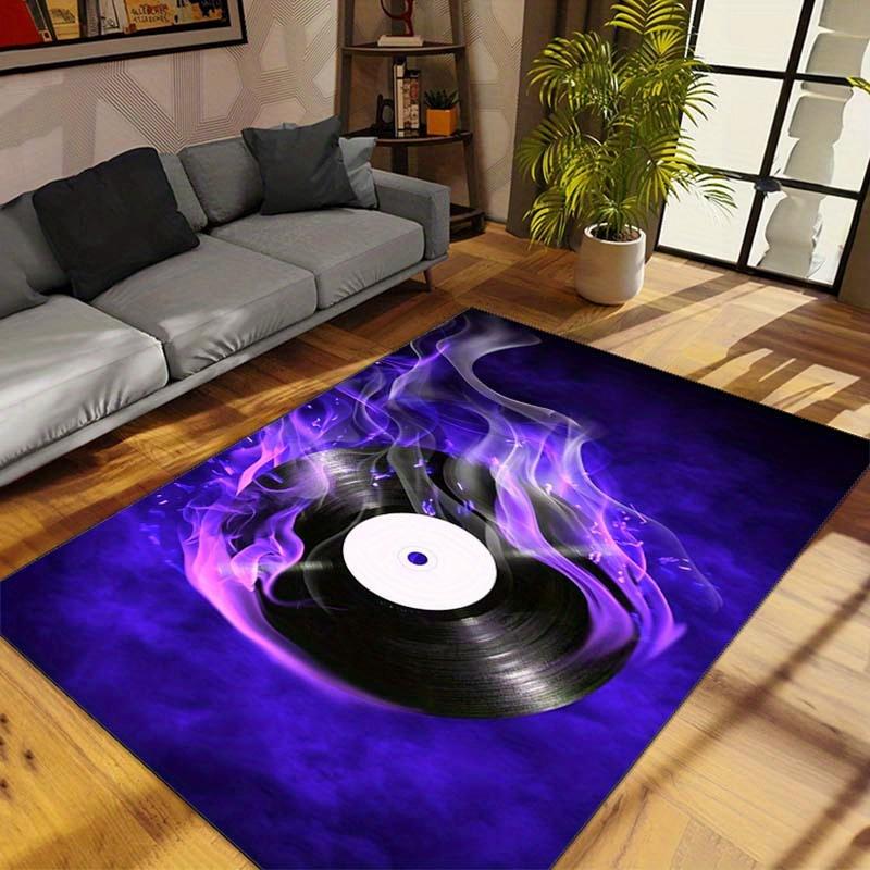 Purple Vinyl Record Flame Rug for Music Lover's Room Groovy Retro Carpet Audiophile Decor Anti slip carpet can be machine washed