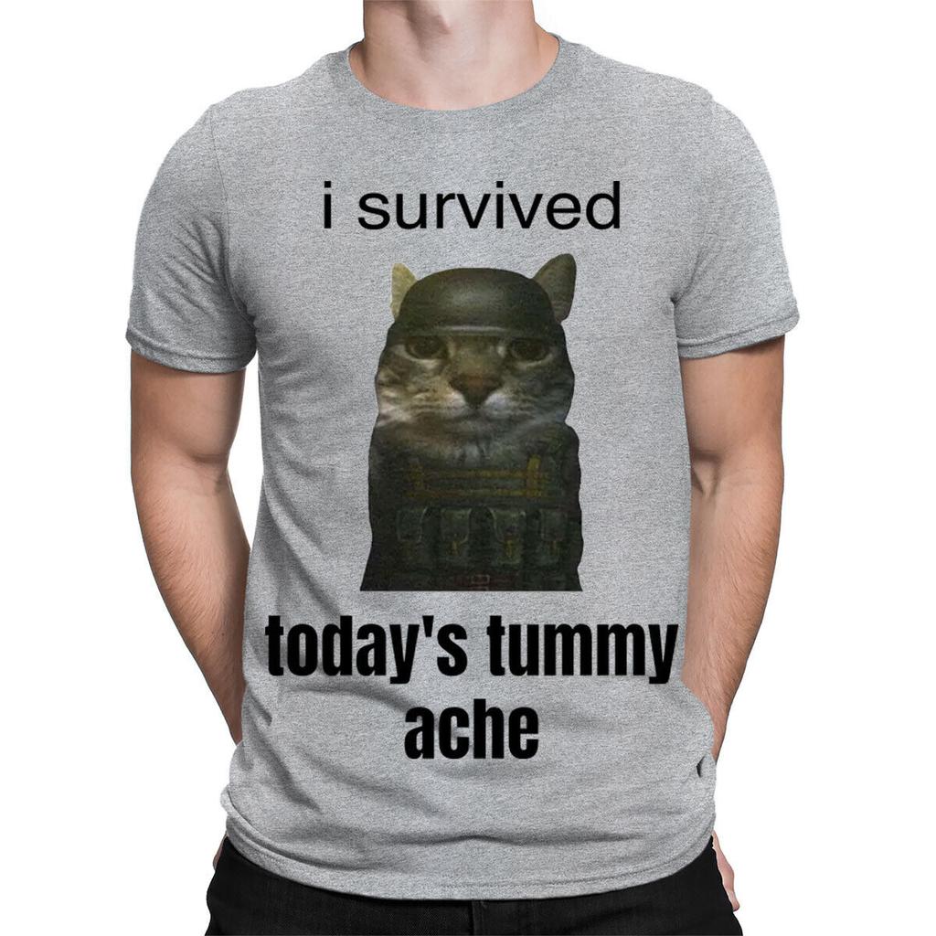 I Survived Todays Tummy Ache Funny Army Cat Meme Mens Womens T-Shirts Top #TA-12