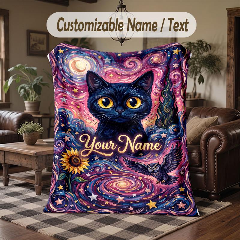 Cosmic Cat Dreamscape 5 Theme Throw Blanket Custom Name Text Personalized Blanket Soft Cozy Blanket for Home Sofa Bed