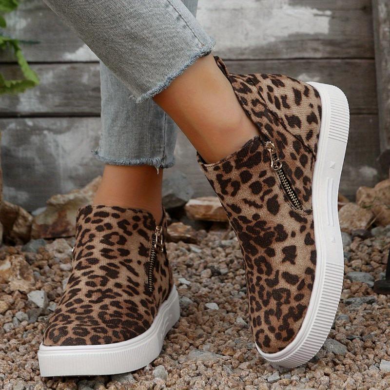 Women's Leopard Print Casual Ankle Boots with Thick Rubber Sole Zipper Closure - Round Toe Winter-Ready Fabric Upper for Office, Gym,